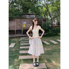 批发甜美减龄娃娃领蝴蝶结修身短袖T恤碎花A字半身裙女夏季新款套装潮