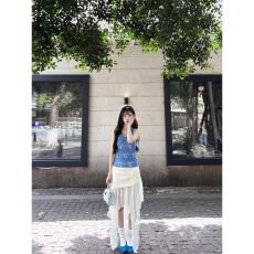 批发韩系套装<b class='q'>女</b>夏季新款辣妹设计感蓝色蝴蝶结印花挂脖上衣高腰半身裙