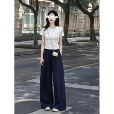批发韩系高级感运动套装女夏季时尚波点修身短袖上衣阔腿裤休闲两件套