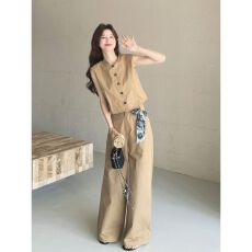 批发卡其色老钱风复古无袖马甲阔腿裤两件套女夏<b class='q'>休闲</b>气质ootd穿搭<b class='q'>套装</b>