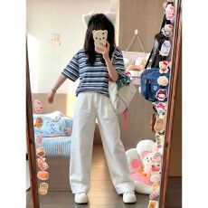 批发夏季美式炸街短袖运动服两件套女撞色条纹上衣<b class='q'>长裤</b>休闲装显瘦<b class='q'>套装</b>