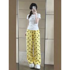 批发夏季韩系甜辣风短袖运动服两件套女波点上衣阔腿裤休闲装显瘦<b class='q'>套装</b>