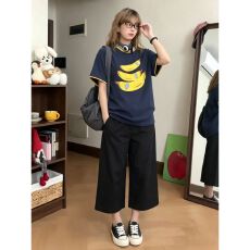 批发韩系洋气休闲运动套装<b class='q'>女</b>印花撞色短袖T恤宽松百搭九分裤两件套潮