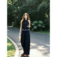 批发韩系温柔风休闲<b class='q'>套装</b>女夏季设计感格纹花边挂脖背心阔腿裤两件套潮