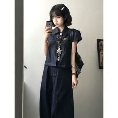 批发韩系学院风休闲运动套装女夏季复古通勤<b class='q'>牛仔</b><b class='q'>衬衫</b>短袖阔腿裤两件套
