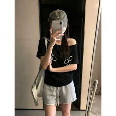 批发韩系休闲<b class='q'>运动</b>服套装女夏季学生蝴蝶结钉珠斜肩短袖阔腿短裤两件套