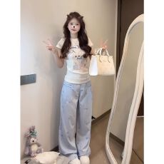 批发韩系气质休闲<b class='q'>运动</b>服套装女夏季甜美蝴蝶结猫咪印花短袖长裤两件套