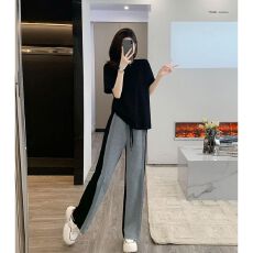 批发夏季新款慵懒风穿搭套装女显瘦黑色短袖<b class='q'>T</b><b class='q'>恤</b>拼接休闲<b class='q'>运动</b>裤两件套