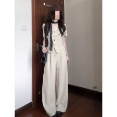 批发高级感老钱风阔腿裤<b class='q'>运动</b>套装<b class='q'>女</b>夏显瘦时尚韩系气质宽松休闲两件套