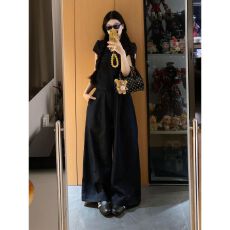 批发韩系穿搭运动套装<b class='q'>女</b>夏季复古仿牛仔衬衫短袖阔腿裤宽松<b class='q'>休闲</b>两件套