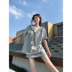 批发韩系时尚休闲<b class='q'>运动服</b>套装女夏季<b class='q'>百搭</b>假两件短袖短裙OOTD穿搭两件套