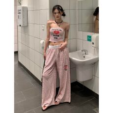 批发美式辣妹<b class='q'>运动服</b>套装女夏季时尚短款条纹抹胸背心阔腿裤休闲两件套