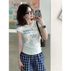 批发美式休闲<b class='q'>运动服</b>套装女夏季甜美蝴蝶结猫咪<b class='q'>修身</b>正肩短袖长裤两件套