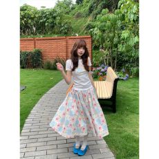 批发韩系甜美风正肩短袖t恤碎花半身裙套装<b class='q'>夏</b>季新款小个子穿搭两件套