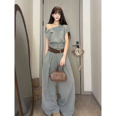 批发韩系设计感斜肩短袖上衣宽松高腰阔腿裤女<b class='q'>夏</b>季显瘦两件套时尚套装