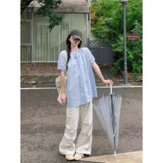 批发小清新减龄休闲运动服套装女<b class='q'>夏</b>季波点短袖娃娃衬衫工装长裤两件套