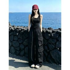 批发美式炸街运动服套装女<b class='q'>夏</b>季修身显瘦时尚背心工装阔腿裤休闲两件套