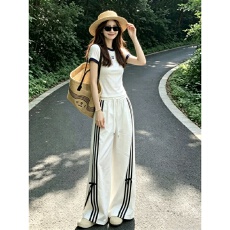 批发撞色运动套装女<b class='q'>夏</b>季学生韩系宽松显瘦时尚短袖长裤休闲两件套跑步
