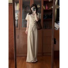 批发法式温柔风休闲运动套装女<b class='q'>夏</b>季气质减龄显瘦衬衫短袖阔腿裤两件套