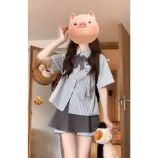 批发<b class='q'>夏</b>季新款时尚小个子穿搭条纹短袖衬衫百褶短裙减龄学院风两件套装