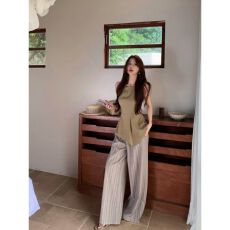 批发老钱风套装气质无袖收腰不规则背心女<b class='q'>夏</b>季宽松百搭休闲长裤两件套