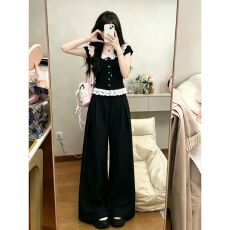 批发韩系学院风休闲运动套装女<b class='q'>夏</b>季减龄显瘦波点花边短袖阔腿裤两件套