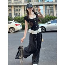批发韩系甜美休闲运动套装女夏季时尚设计感波点花边短袖阔腿<b class='q'>裤</b><b class='q'>两件套</b>