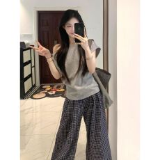 批发韩系休闲运动套装女夏季学生宽松显瘦时尚减龄斜肩短袖长<b class='q'>裤</b>两件套