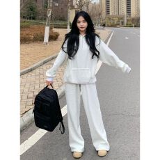 批发时尚高级感休闲运动套装女秋季减龄宽松白灰色连帽卫衣长裤两件套
