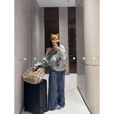 批发韩系慵懒气质休闲套装女早秋斜领露肩印花卫衣格子阔腿<b class='q'>长裤</b>两件套