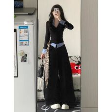 批发美式学院风运动服套装女春秋宽松时尚假两件卫衣阔腿裤休闲两件套