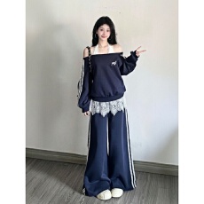 批发韩系穿搭运动服套装女春秋宽松显瘦学生露肩卫衣阔腿裤休闲两件套