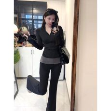 批发早<b class='q'>秋</b>运动服套装女修身显瘦休闲减龄灰色半拉链上衣阔腿裤两件套