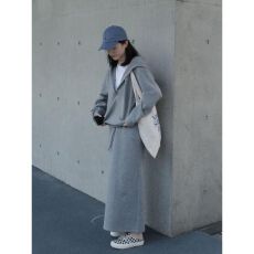 批发韩版慵懒松弛感宽松显瘦灰色连帽卫衣半身裙休闲运动<b class='q'>两件套</b>女秋季
