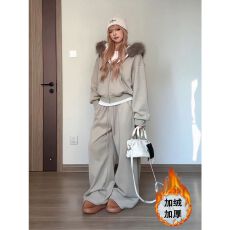 批发韩系慵懒风休闲运动套装女秋冬时尚加绒毛领连帽卫衣阔腿裤两件套
