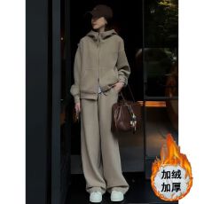 批发高级感时尚运动服套装女秋冬季加绒加厚连帽卫衣阔腿裤休闲两件套