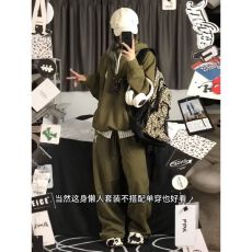 批发日系少年感休闲运动服套装女春秋学生宽松时尚连帽卫衣跑步两件套