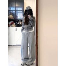 批发韩系条纹连帽卫衣<b class='q'>女</b>秋季修身短款拉链外套休闲慵懒风阔腿裤<b class='q'>两件</b>套