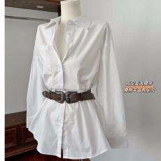 批发许我耀眼许妍<b class='q'>同款</b>白色衬衫女春中长款宽松气质慵懒衬衣