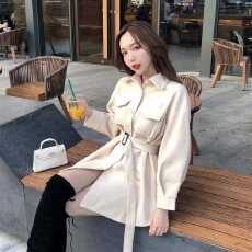 批发韩版H型纯色外套<b class='q'>春</b>季新款时尚chic长袖系带中长款