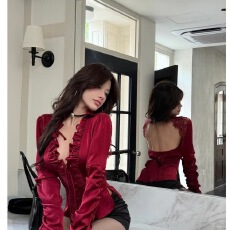 批发设计感V领<b class='q'>衬衫</b>套装女2025早秋辣妹抽绳蕾丝拼接长袖上衣l