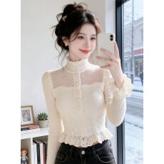 批发温柔风法式半高领蕾丝拼接衬衫超好看气质掐腰长袖上衣<b class='q'>女</b>2025冬季