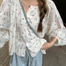 批发乌77小清新碎花<b class='q'>长袖</b>衬衫小个子宽松显瘦圆领甜美少女感提花衬衫