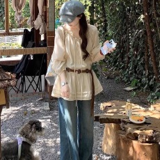 批发法式温柔木耳边抽绳衬衫夏季女纯欲甜美风长袖<b class='q'>防晒</b>衬衣上衣小个子