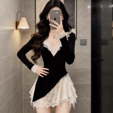 批发黑色拼接蕾丝V领长袖连衣裙女春季气质高级感纯欲风收腰显瘦短裙