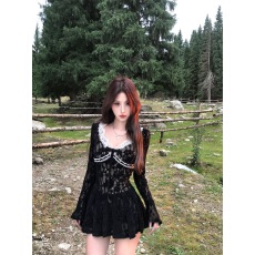 批发Mejiu蜜九【斯暮夜色】纯欲蕾丝拼接v领连衣裙女<b class='q'>秋</b>季长袖别致裙子