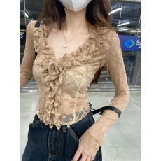 批发法式纯欲风荷叶边V领长袖<b class='q'>蕾丝</b>衫2025春夏新款修身显瘦百搭上衣女