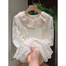批发2025韩系荷叶灯笼翻领新款法式气质衬衫高级刺绣<b class='q'>蕾丝</b>打底上衣