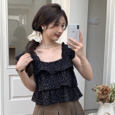 批发格纹立体泡泡皱感碎花<b class='q'>雪纺</b>衫女设计感宽松小飞袖上衣