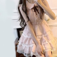 批发廓形迷你公主裙气质名媛2025新款夏季领<b class='q'>蝴蝶结</b>娃娃领学院风<b class='q'>连衣裙</b>